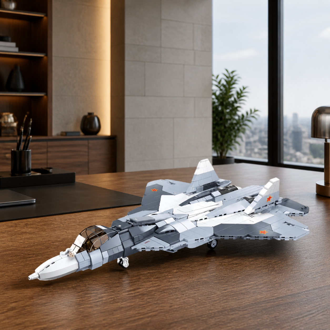 SU-57 construction-block model in a panoramic modern office