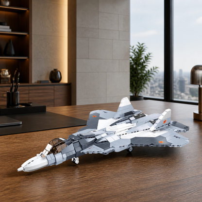 SU-57 construction-block model in a panoramic modern office