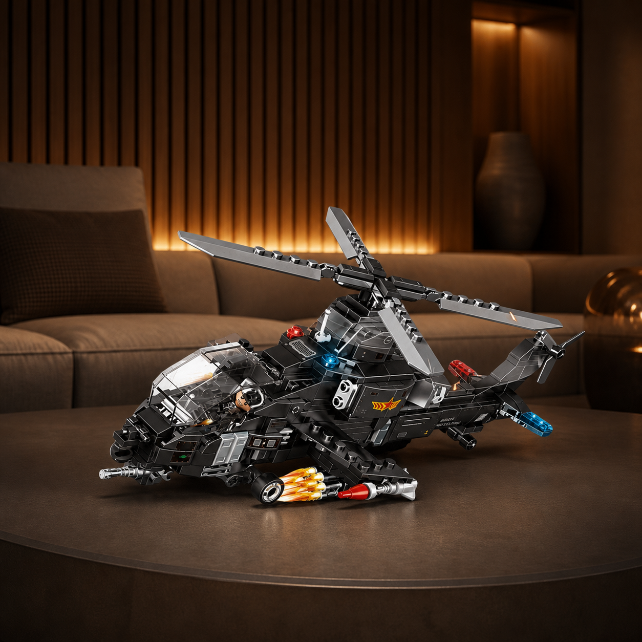 SWAT Helicopter (423 Pcs) - interior hero 05 - SWAT Helicopter brick model in a premium media room
