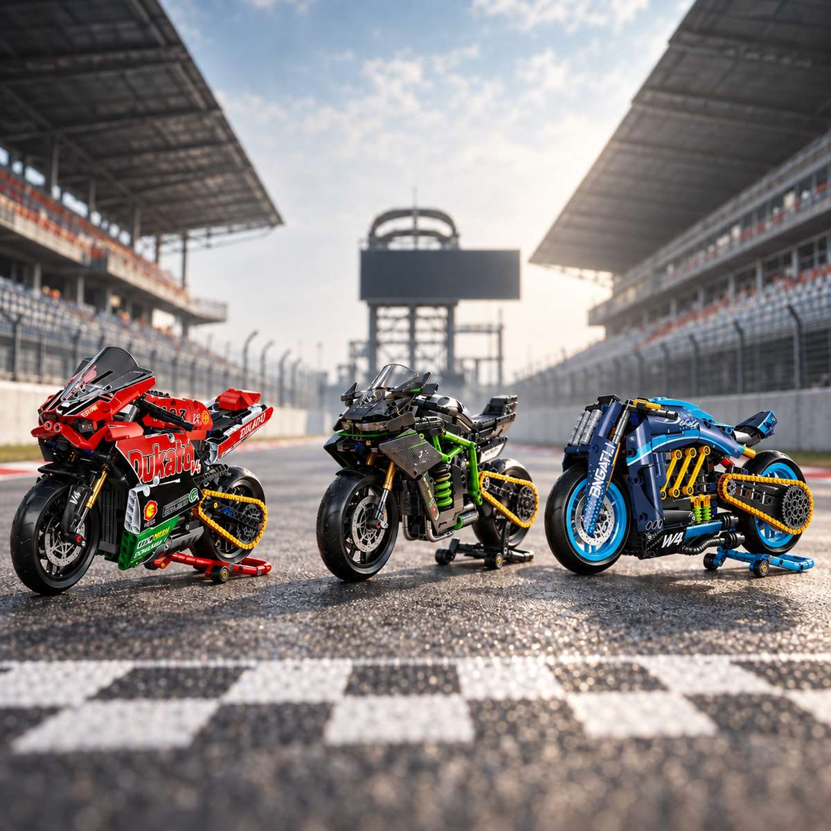 The three motorcycle models displayed in a circuit setting