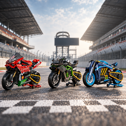 The three motorcycle models displayed in a circuit setting