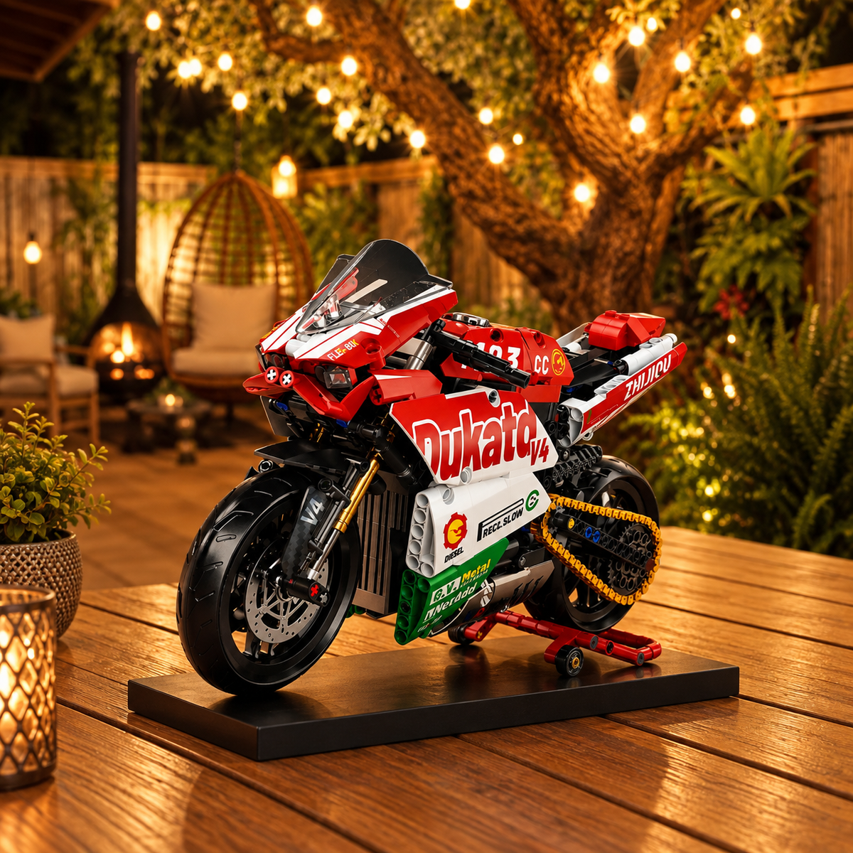 Superbike V4 brick-built motorcycle in a product display scene, gallery view 1