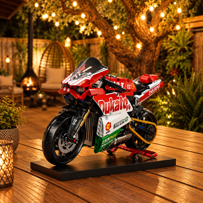 Superbike V4 brick-built motorcycle in a product display scene, gallery view 1