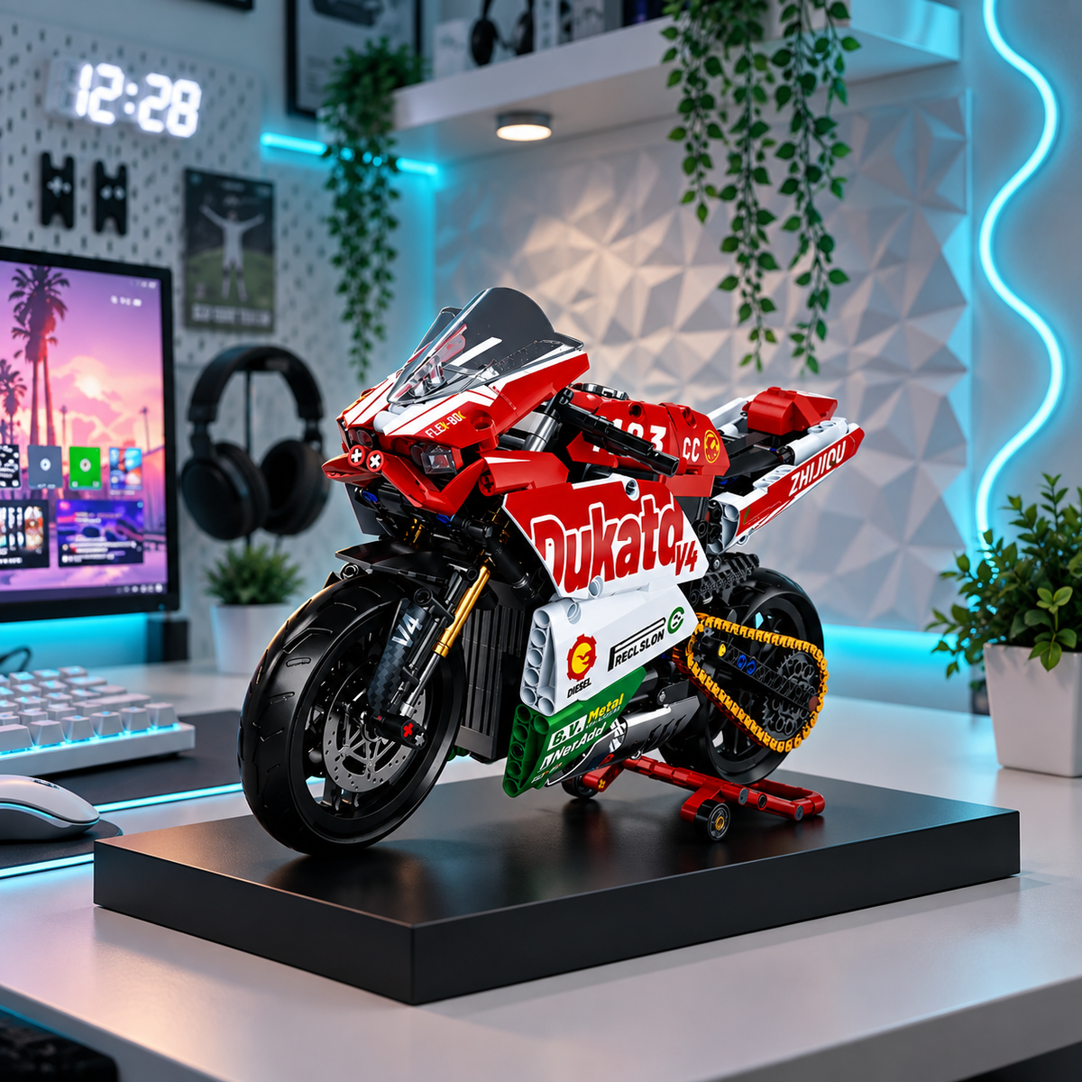 Superbike V4 brick-built motorcycle in a product display scene, gallery view 2