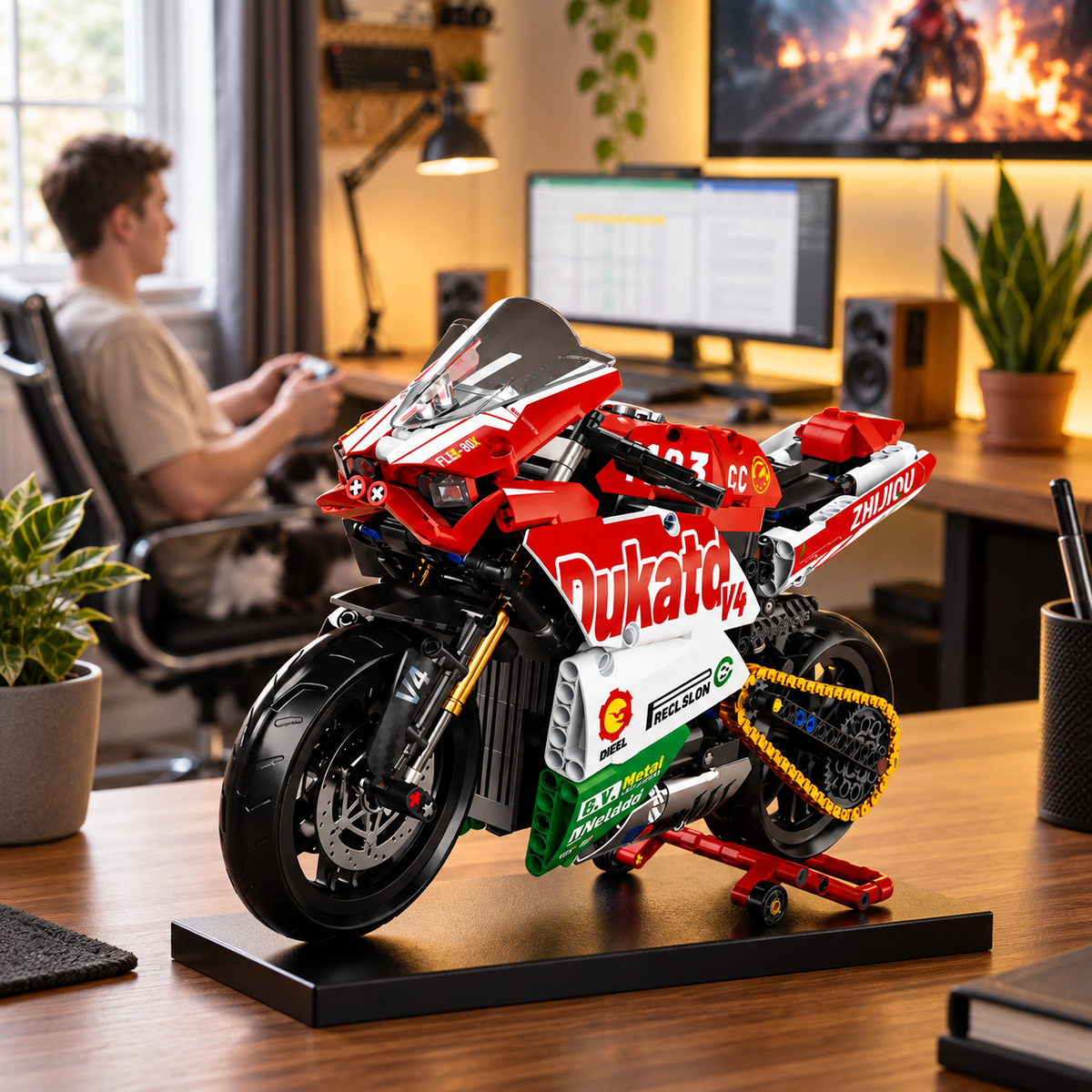 Superbike V4 brick-built motorcycle in a product display scene, gallery view 3