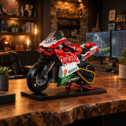 Superbike V4 brick-built motorcycle in a product display scene, gallery view 4
