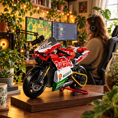Superbike V4 brick-built motorcycle in a product display scene, gallery view 5