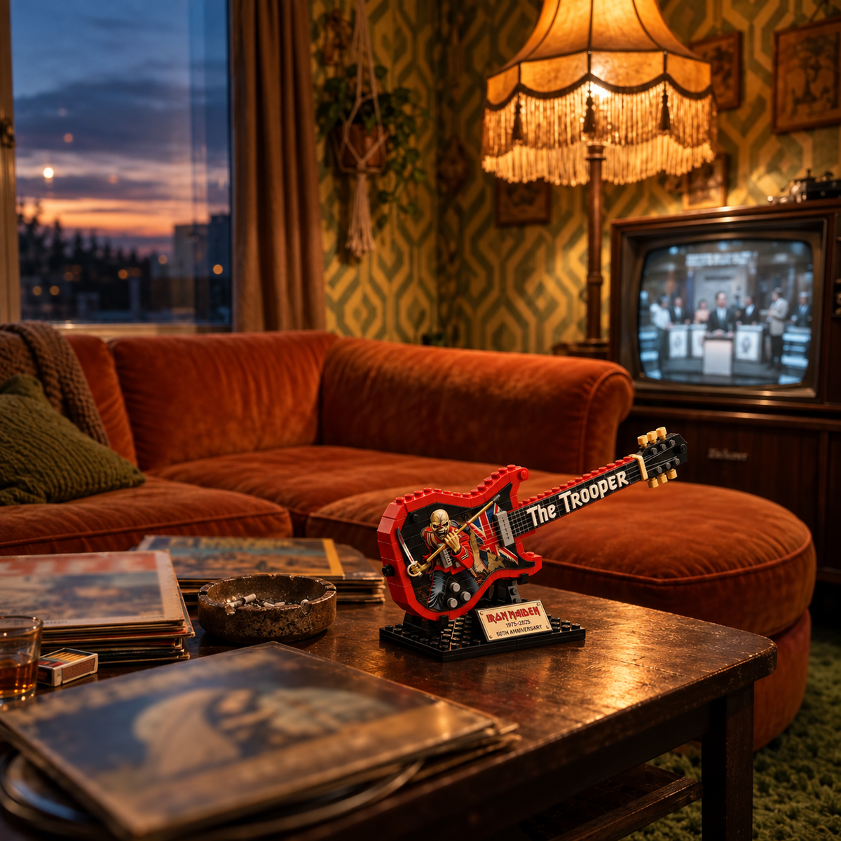 Iron Maiden The Trooper miniature guitar in a retro lounge with a sofa, vinyl records and television.