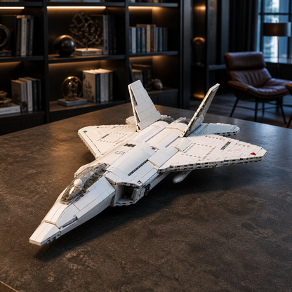 F-22-Kampfflugzeug-Bausteinmodell in einer Sammlerbibliothek