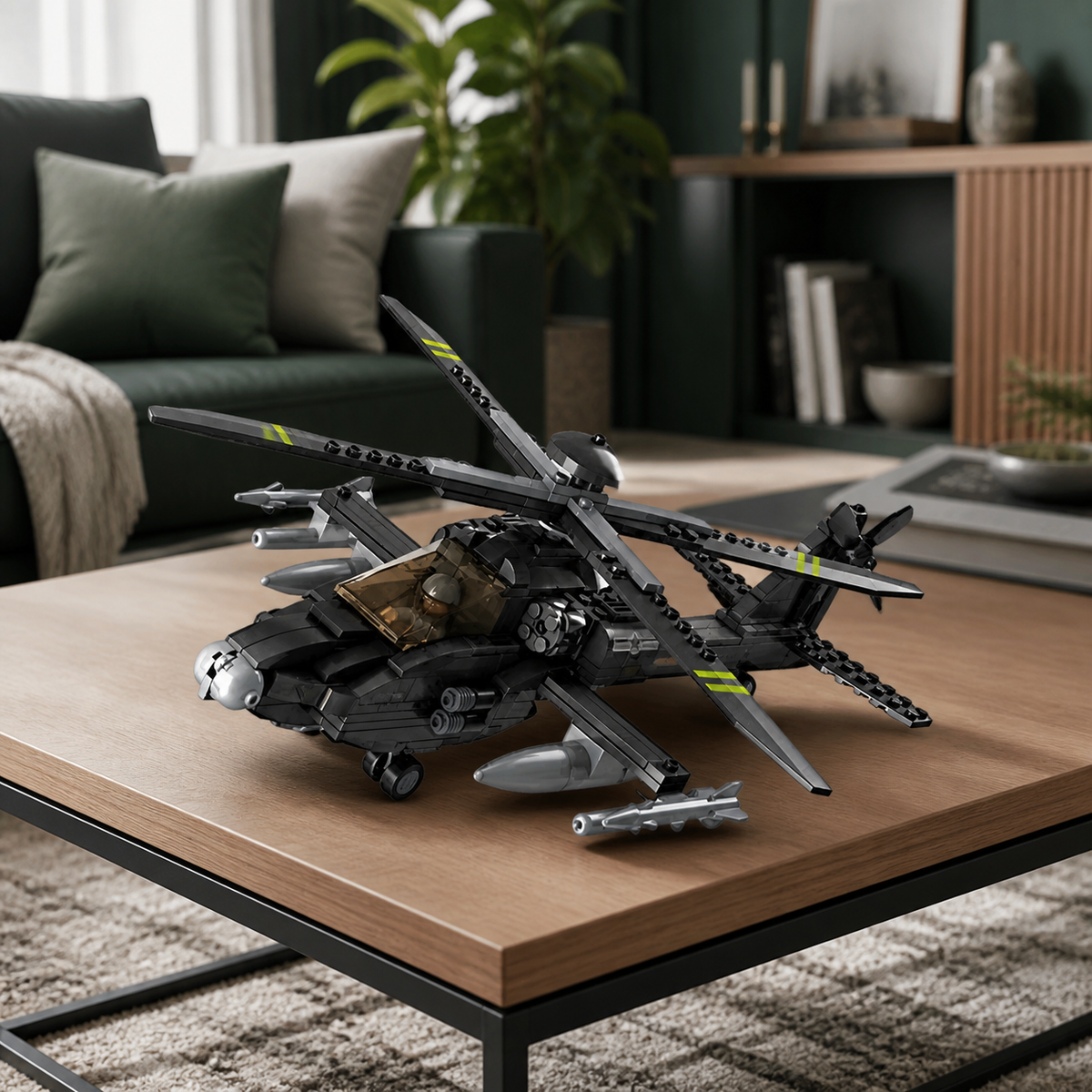 Elicopter Boeing AH-64 Apache (293 piese) - nou interior principal 06 - model de elicopter Boeing AH-64 Apache construit din pecișe de montat într-un living contemporan verde-închis