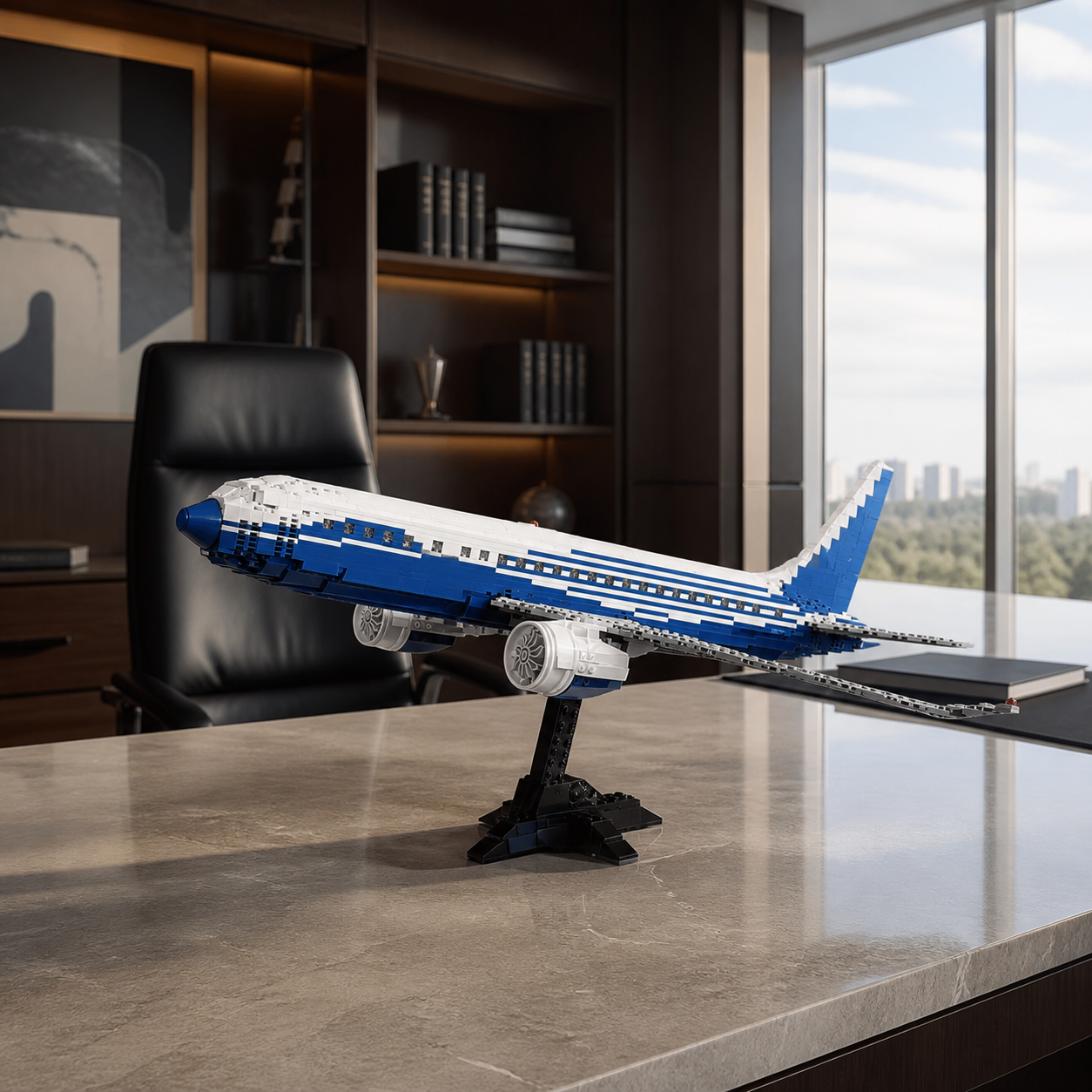 Bausteinmodell einer Boeing 787 Dreamliner in einem Chefbüro