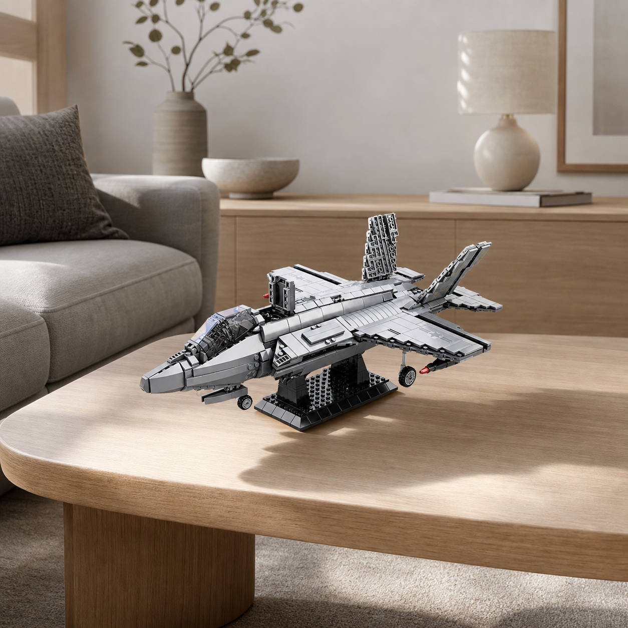 F-35 Fighter Jet construction-block model in a light-wood minimalist living room