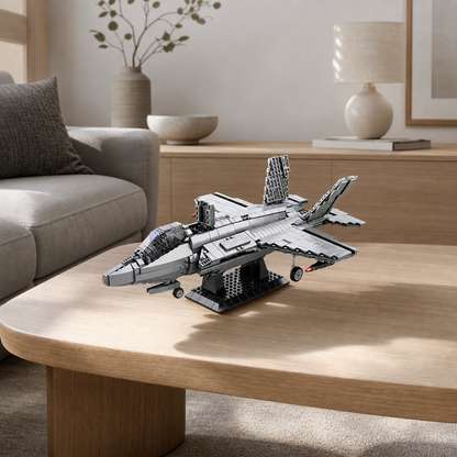 F-35 Fighter Jet construction-block model in a light-wood minimalist living room