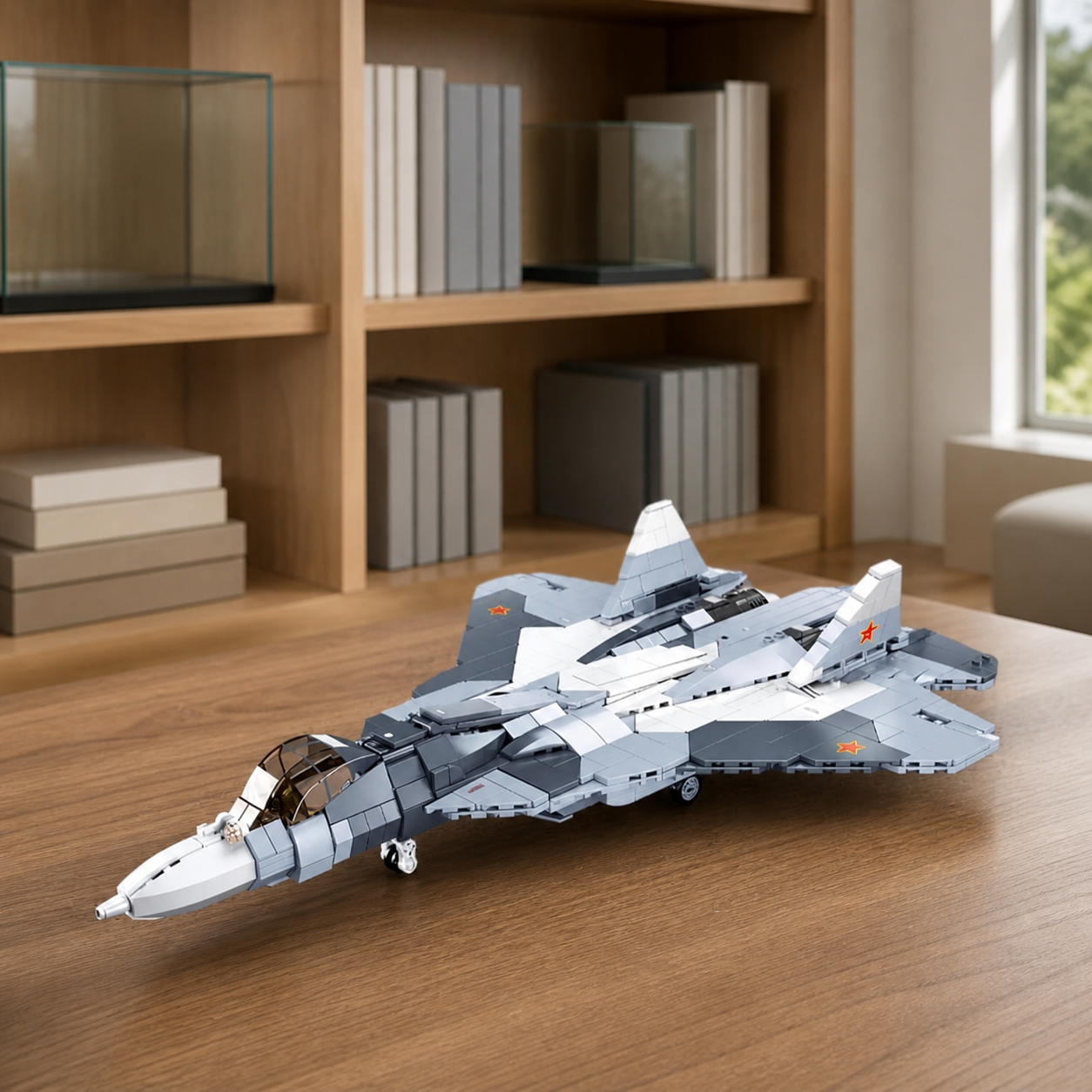 SU-57 construction-block model in a minimalist collector's room