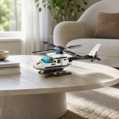 Police Helicopter (102 Pcs) - interior hero 06 - Police Helicopter brick model in a pastel living room