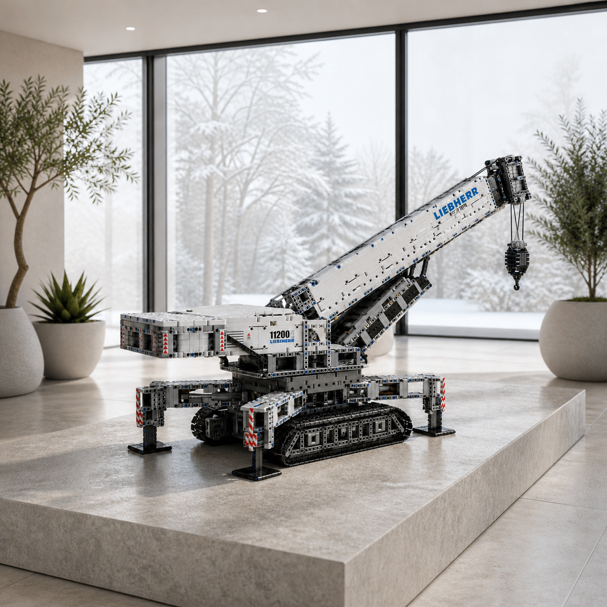 Detailed Liebherr mobile crane brick model on a display platform in a bright room.