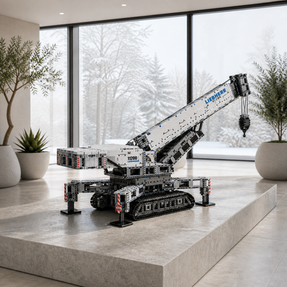 Modelo detalhado em pecinhas de montar de um guindaste móvel Liebherr exibido sobre uma plataforma de exposição em uma sala iluminada.