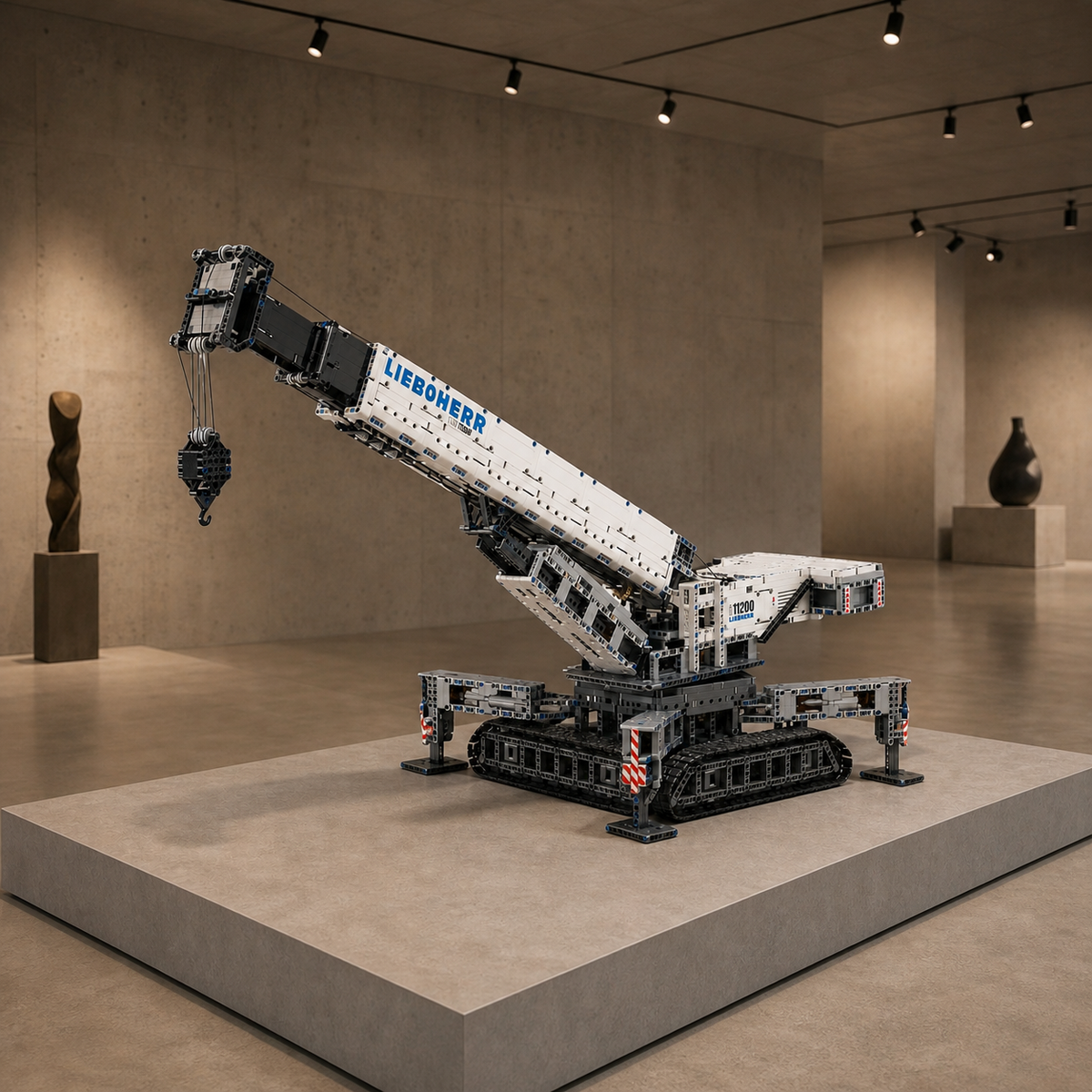 Detailed LEGO model of a Liebherr crawler crane displayed on a platform in a gallery.