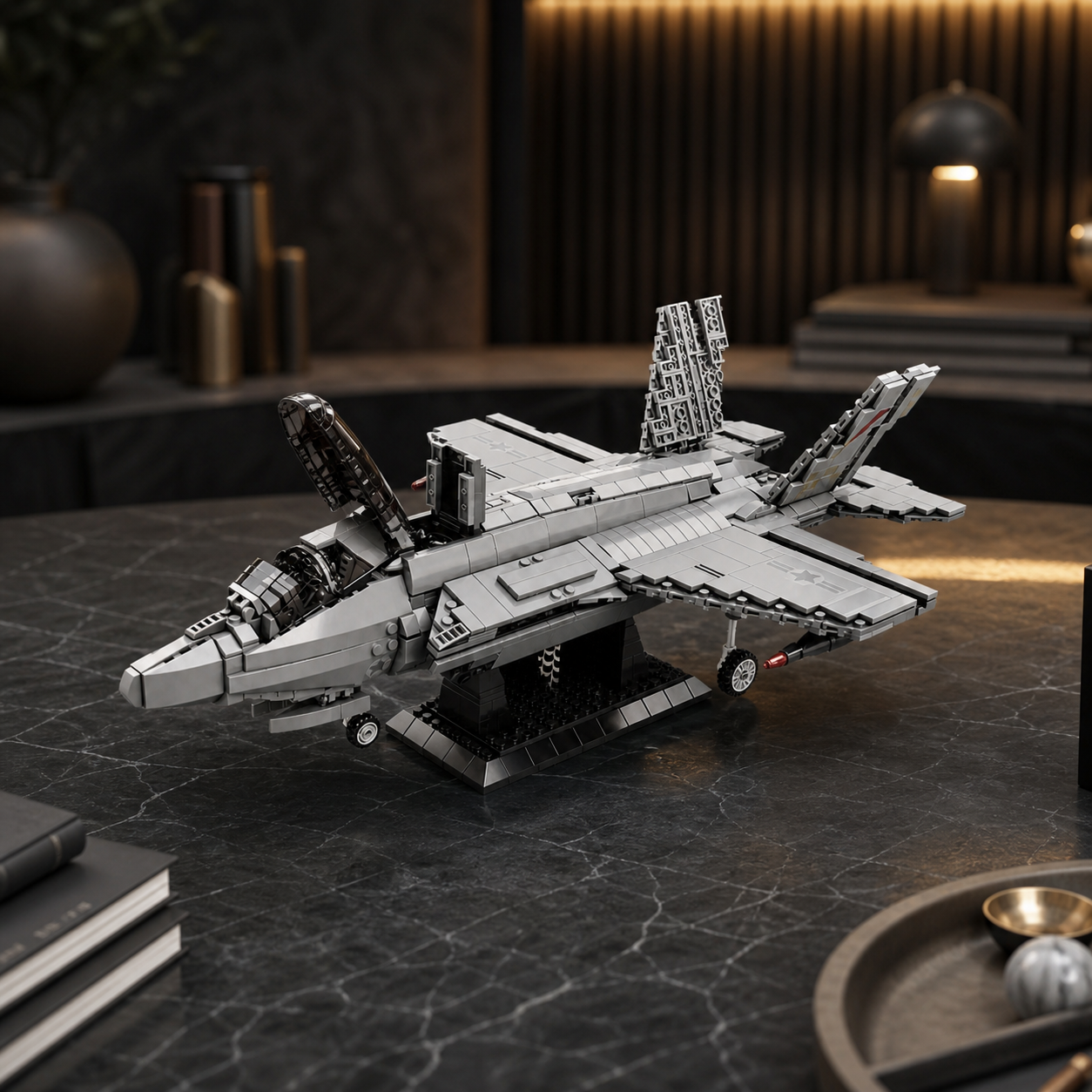 F-35 Fighter Jet construction-block model in a luxury dark-stone interior