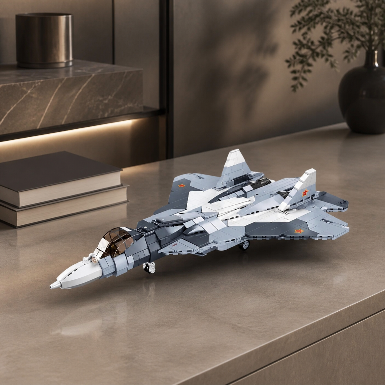 SU-57 construction-block model in a premium collectible interior