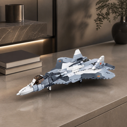 SU-57 construction-block model in a premium collectible interior