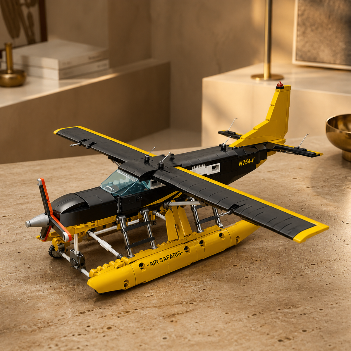 BF-445 Innenraum 07 - Wasserflugzeug-Baumodell auf einem Travertin-Tisch präsentiert