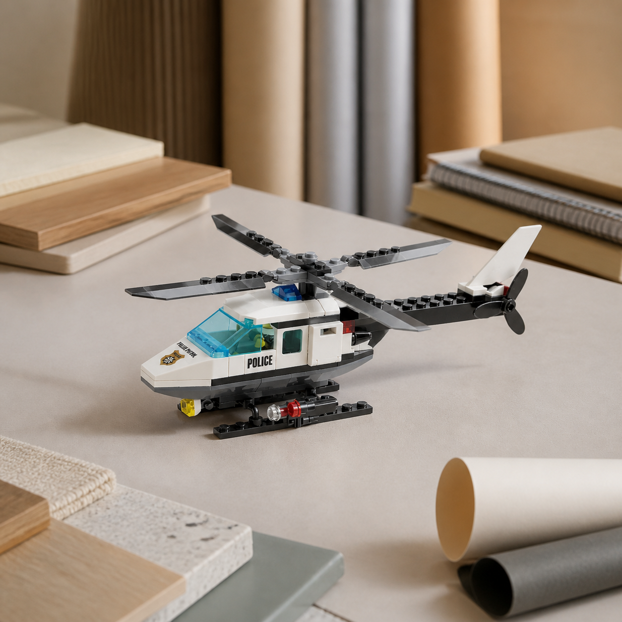 Police Helicopter (102 Pcs) - interior hero 07 - Police Helicopter brick model in a product designer's studio