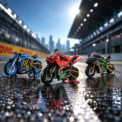 The three motorcycle models displayed beside a wet track