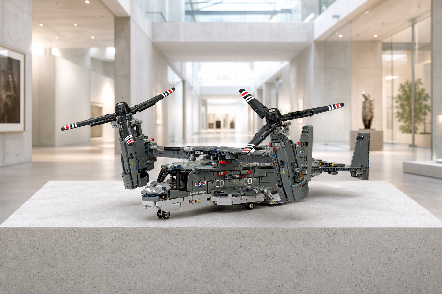 V-22 construction-block model in a bright architectural gallery