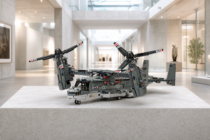 V-22 construction-block model in a bright architectural gallery