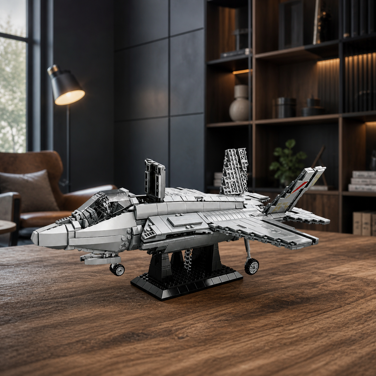 F-35 Fighter Jet construction-block model in an architectural shelving interior