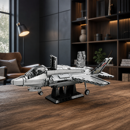 F-35 Fighter Jet construction-block model in an architectural shelving interior