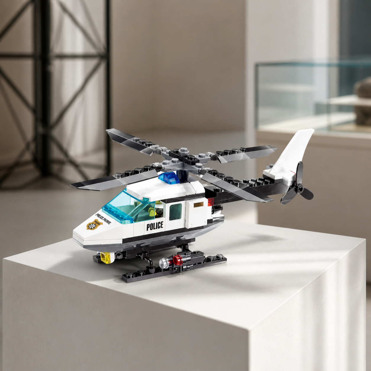 Police Helicopter (102 Pcs) - interior hero 08 - Police Helicopter brick model in a contemporary museum interior