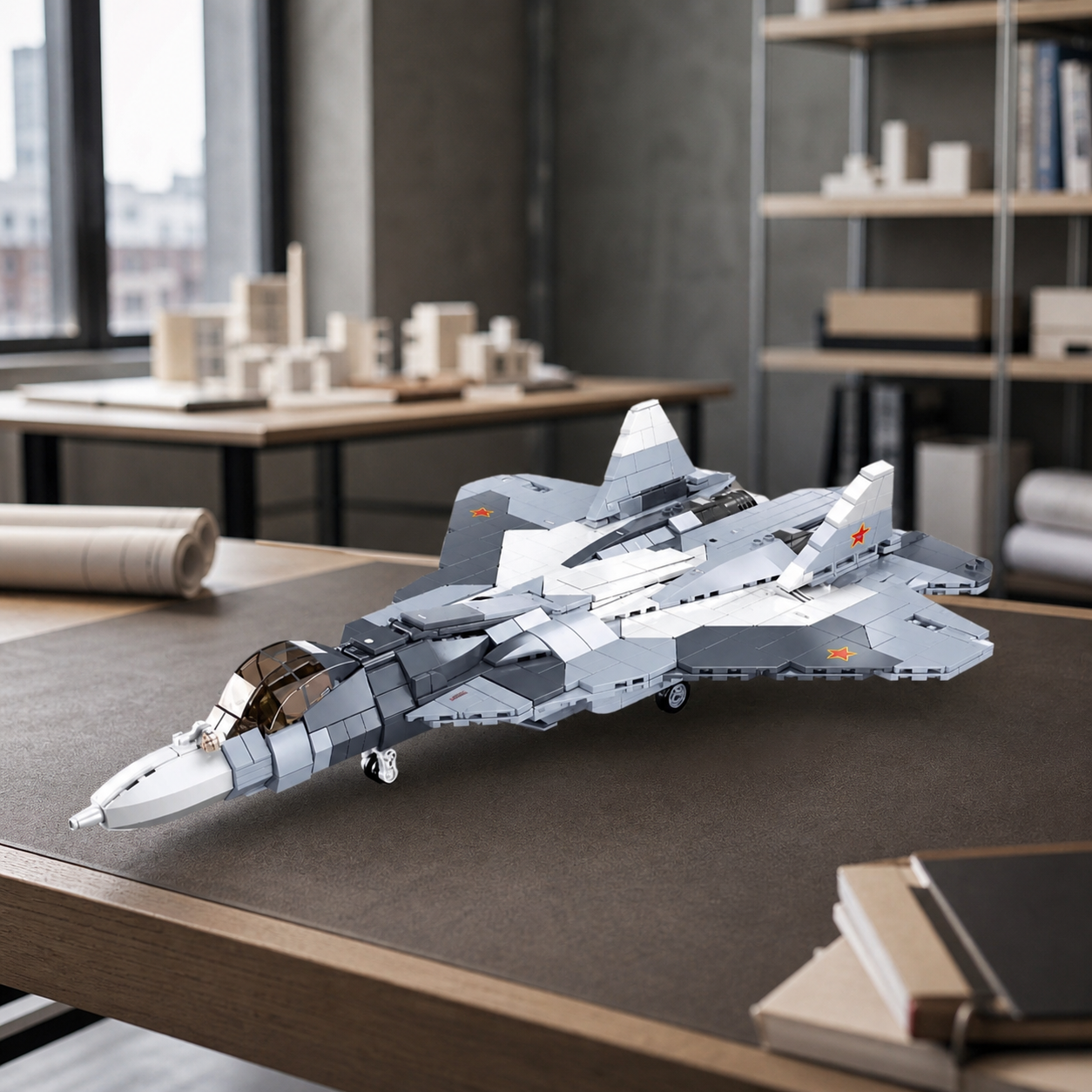 SU-57 construction-block model in a modern architectural studio
