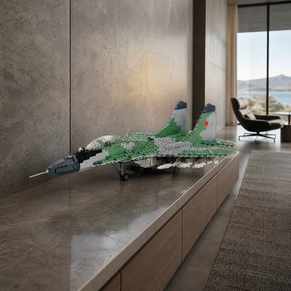 MIG-29-Bausteinmodell in einem architektonisch hochwertigen Innenbereich