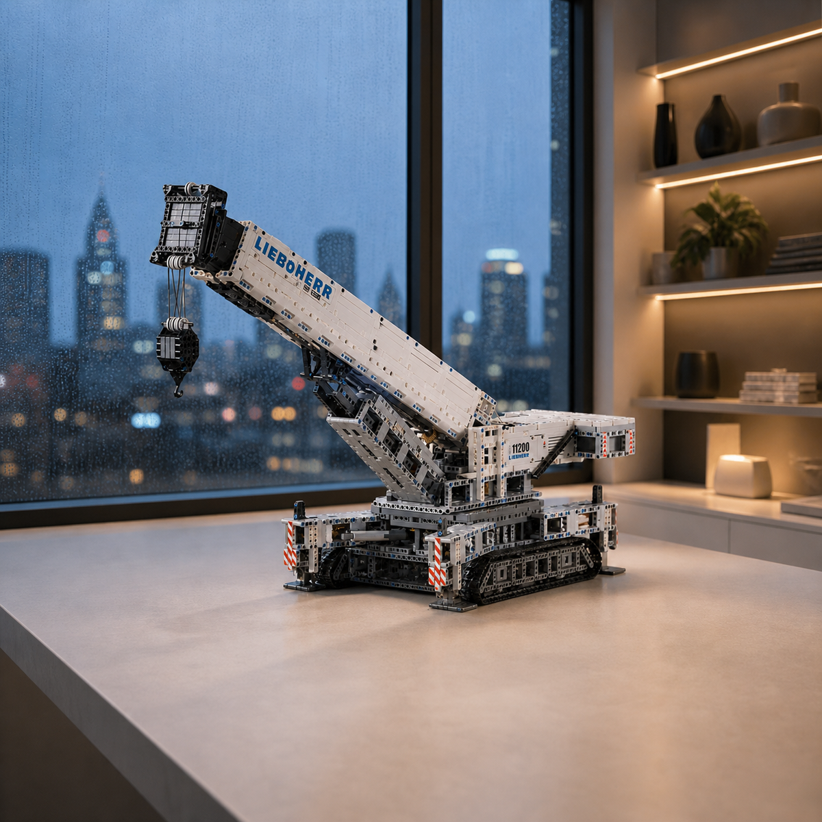Detailed LEGO Liebherr crawler crane model displayed on a table against a rainy city skyline.