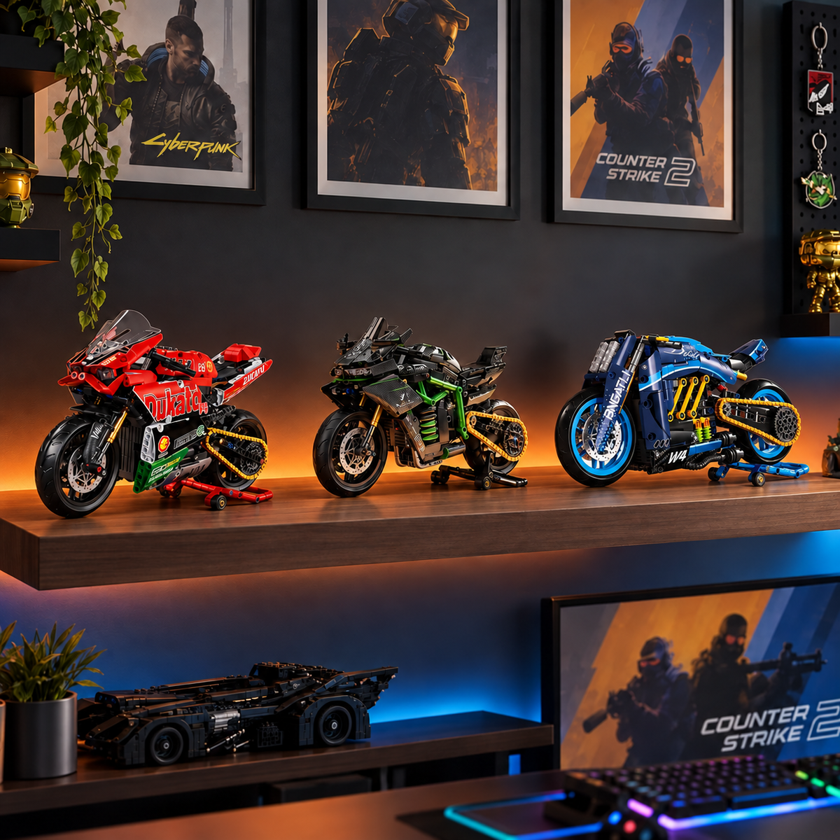 Superbike V4, Hyperbike Ninja H2R and Cruiser Diavel models on a collection shelf