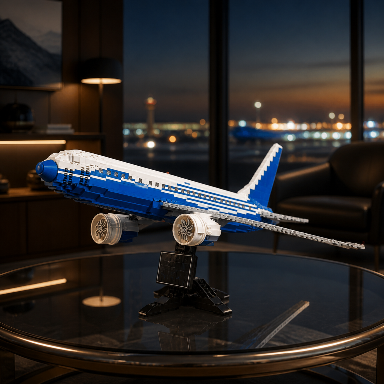 Boeing 787 Dreamliner-Bausteinmodell mit Blick auf die Lichter des Flughafens bei Nacht