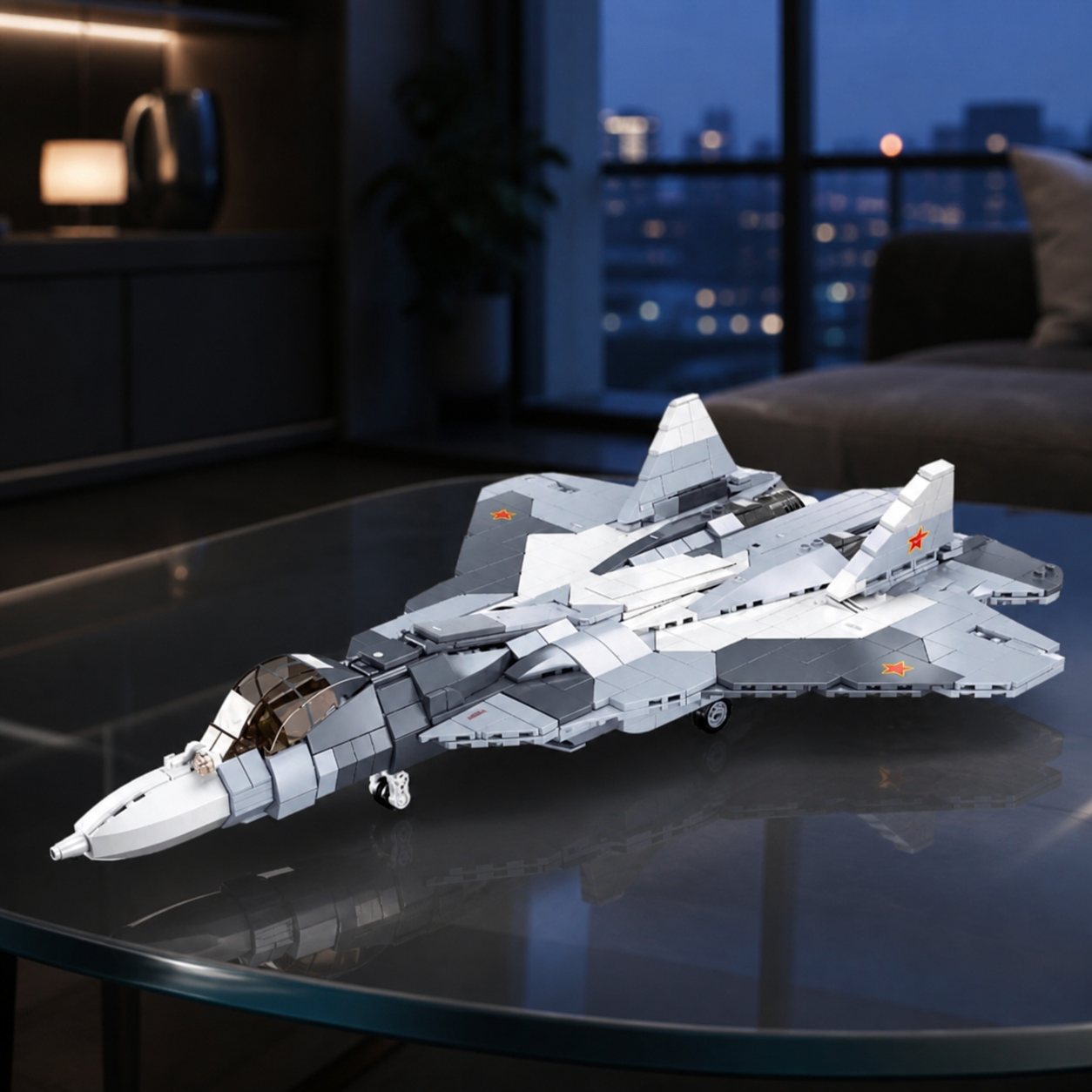 SU-57 construction-block model in a calm evening interior