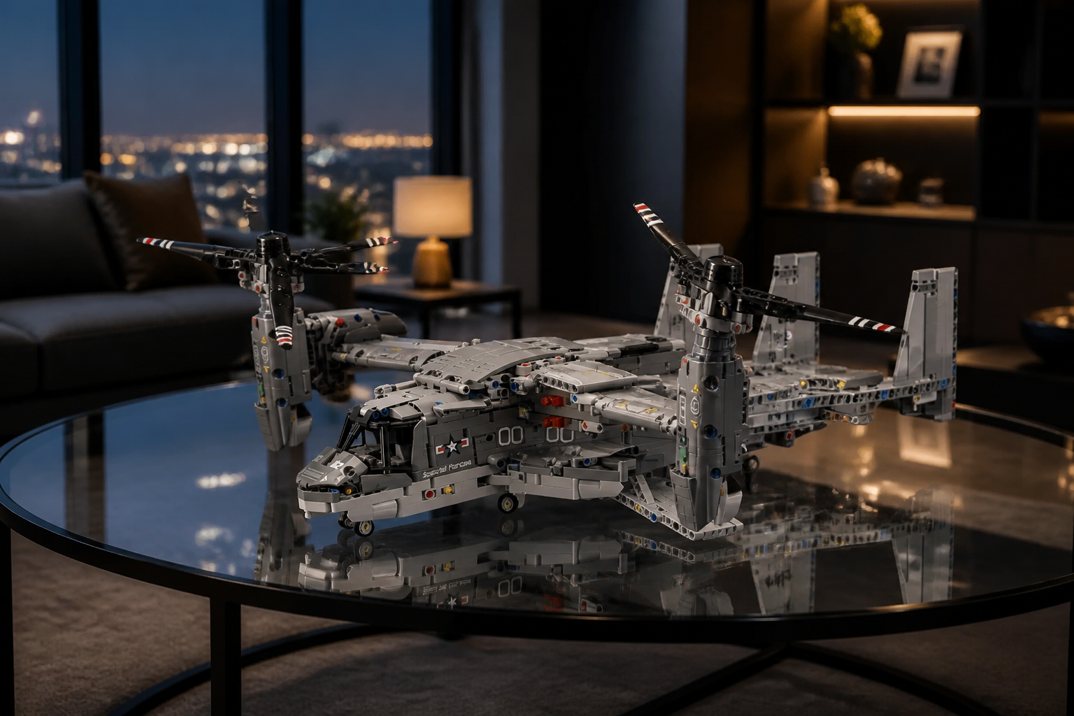 V-22 construction-block model in an evening city interior