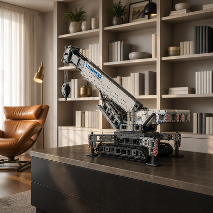 Modelo detalhado em pecinhas de montar de um guindaste sobre esteiras Liebherr exibido sobre uma escrivaninha moderna escura.