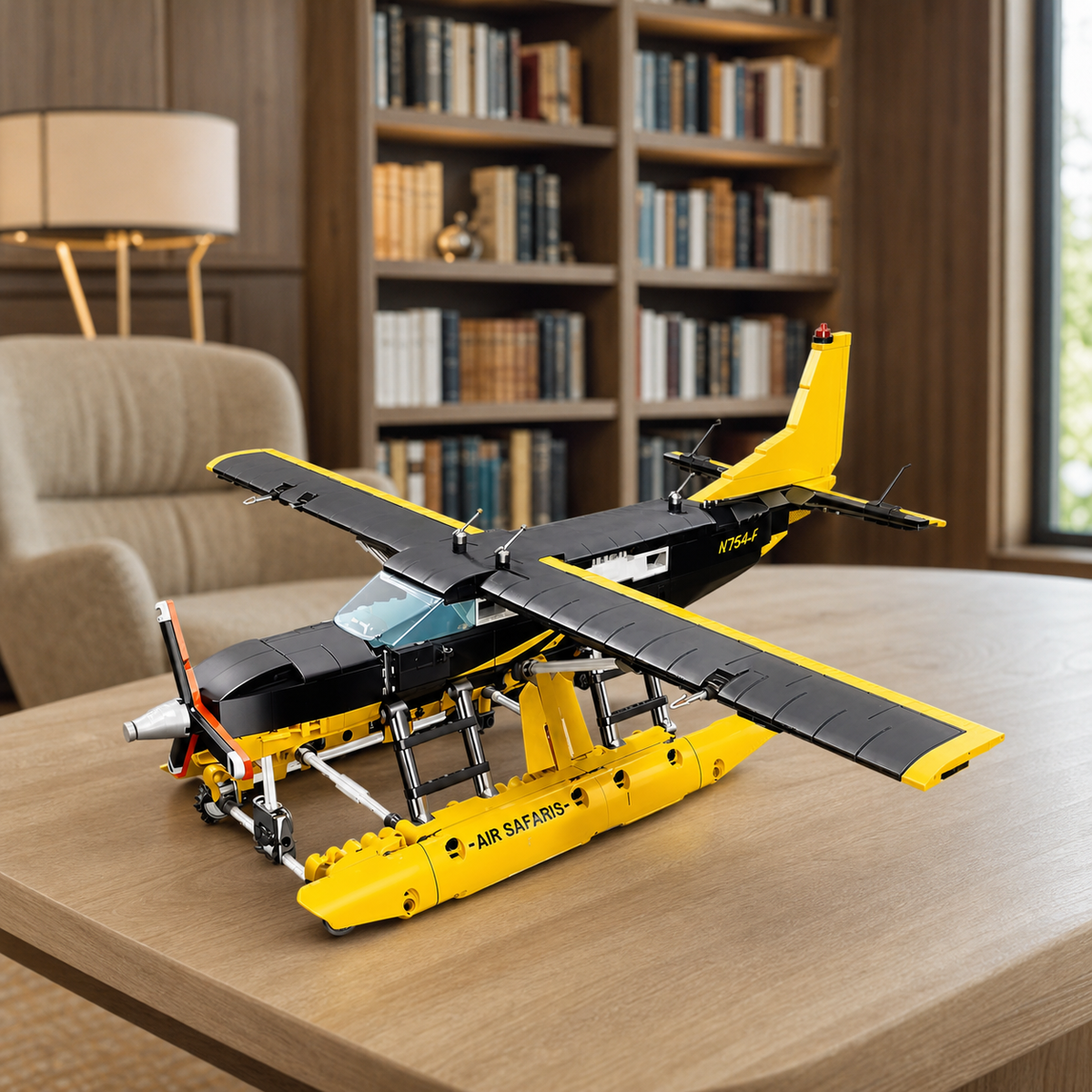 BF-445 Innenraum 09 - Wasserflugzeug-Baumodell in einer hellen, modernen Bibliothek
