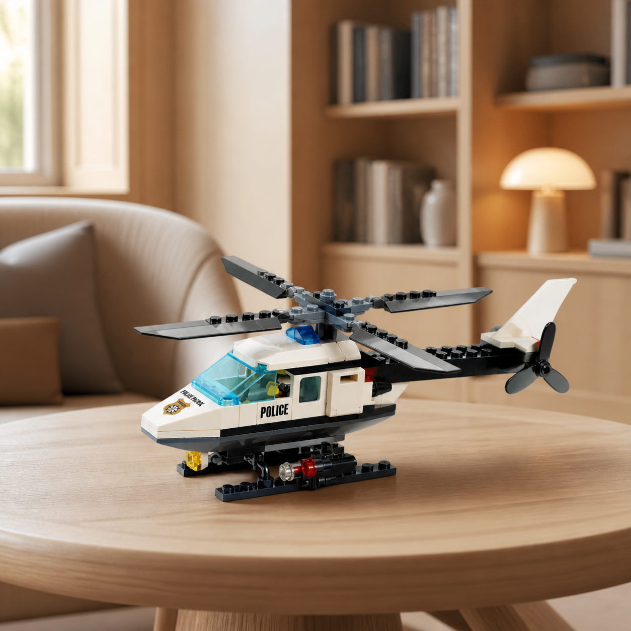 Police Helicopter (102 Pcs) - interior hero 09 - Police Helicopter brick model in a modern library zone