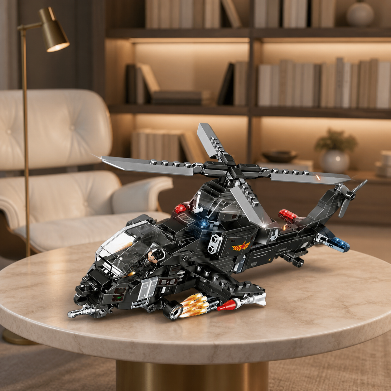 SWAT Helicopter (423 Pcs) - interior hero 09 - SWAT Helicopter brick model in a modern home library