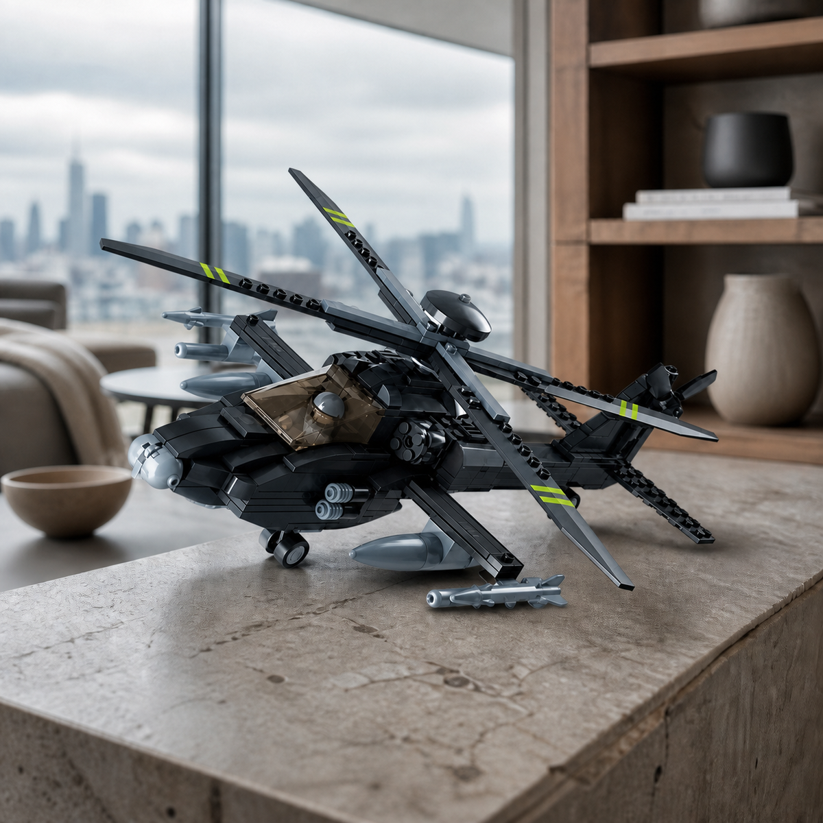 Elicopter Boeing AH-64 Apache (293 piese) - nou interior principal 09 - model de elicopter Boeing AH-64 Apache construit din pecișe de montat într-un apartament panoramic sub un cer înnorat