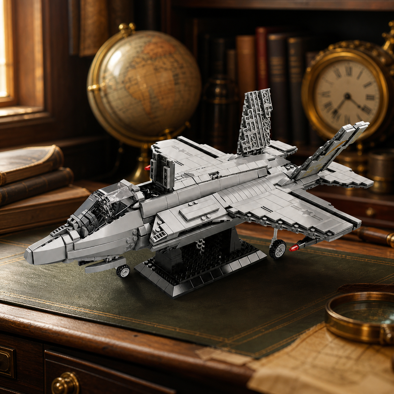 F-35 Fighter Jet construction-block model in a vintage collector study