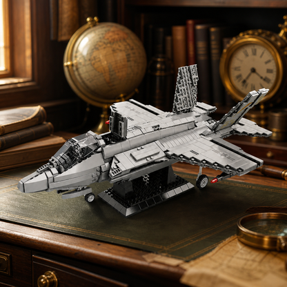 F-35 Fighter Jet construction-block model in a vintage collector study