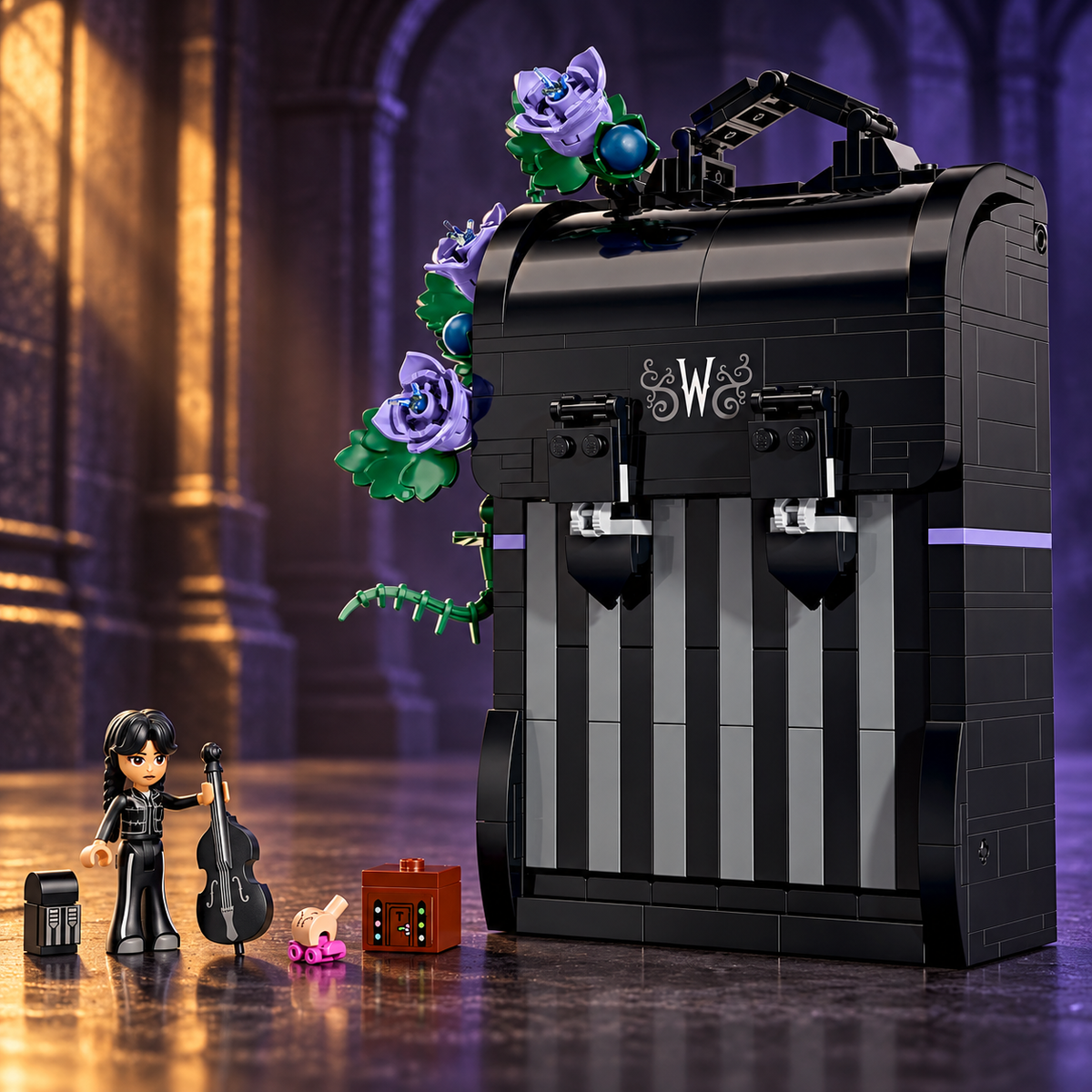 Scene 04: Wandinha's backpack in a dark stone environment with amber and violet lighting.
