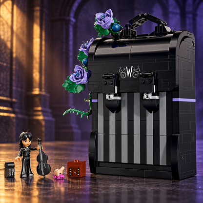 Scene 04: Wandinha's backpack in a dark stone environment with amber and violet lighting.