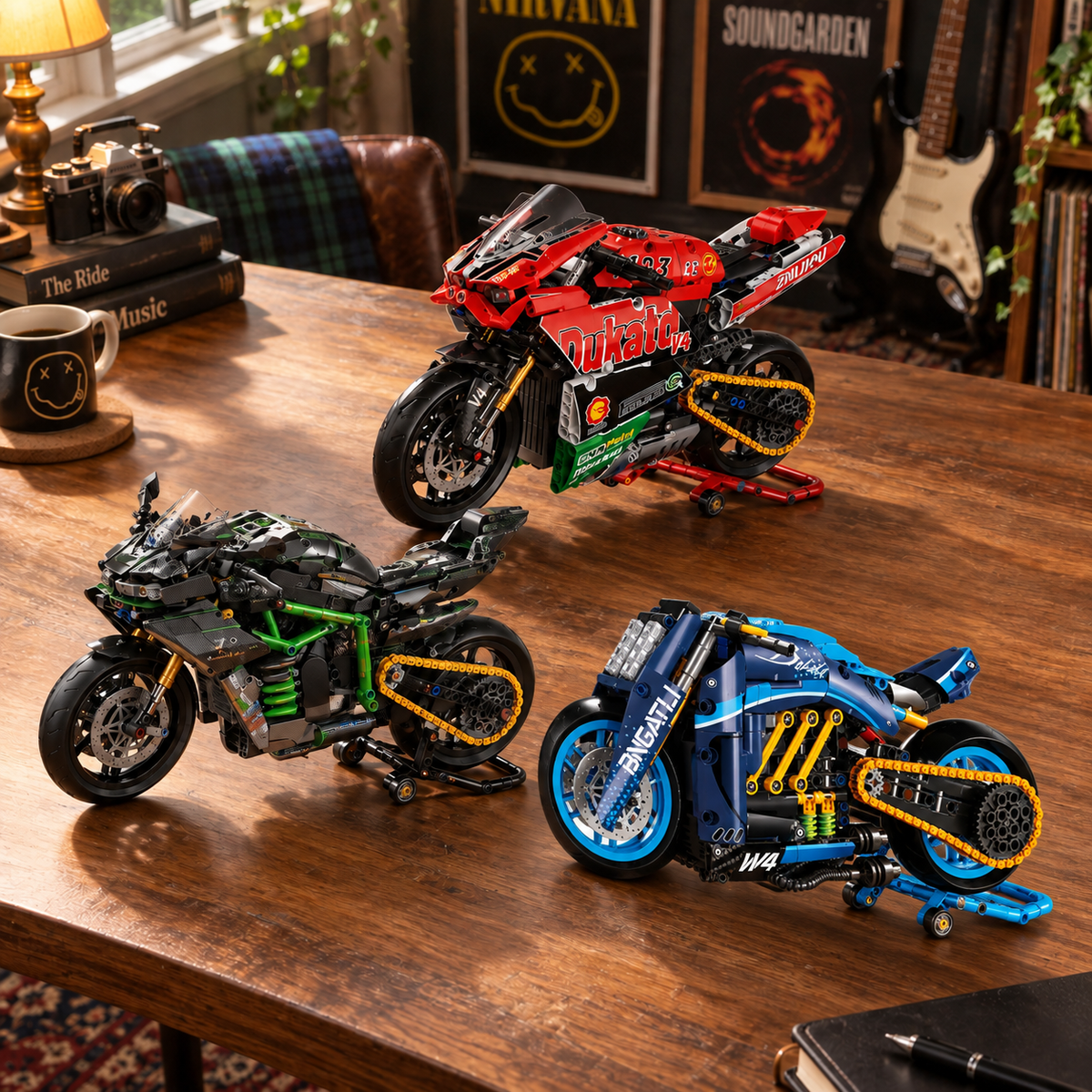 Overhead view of the three motorcycle models